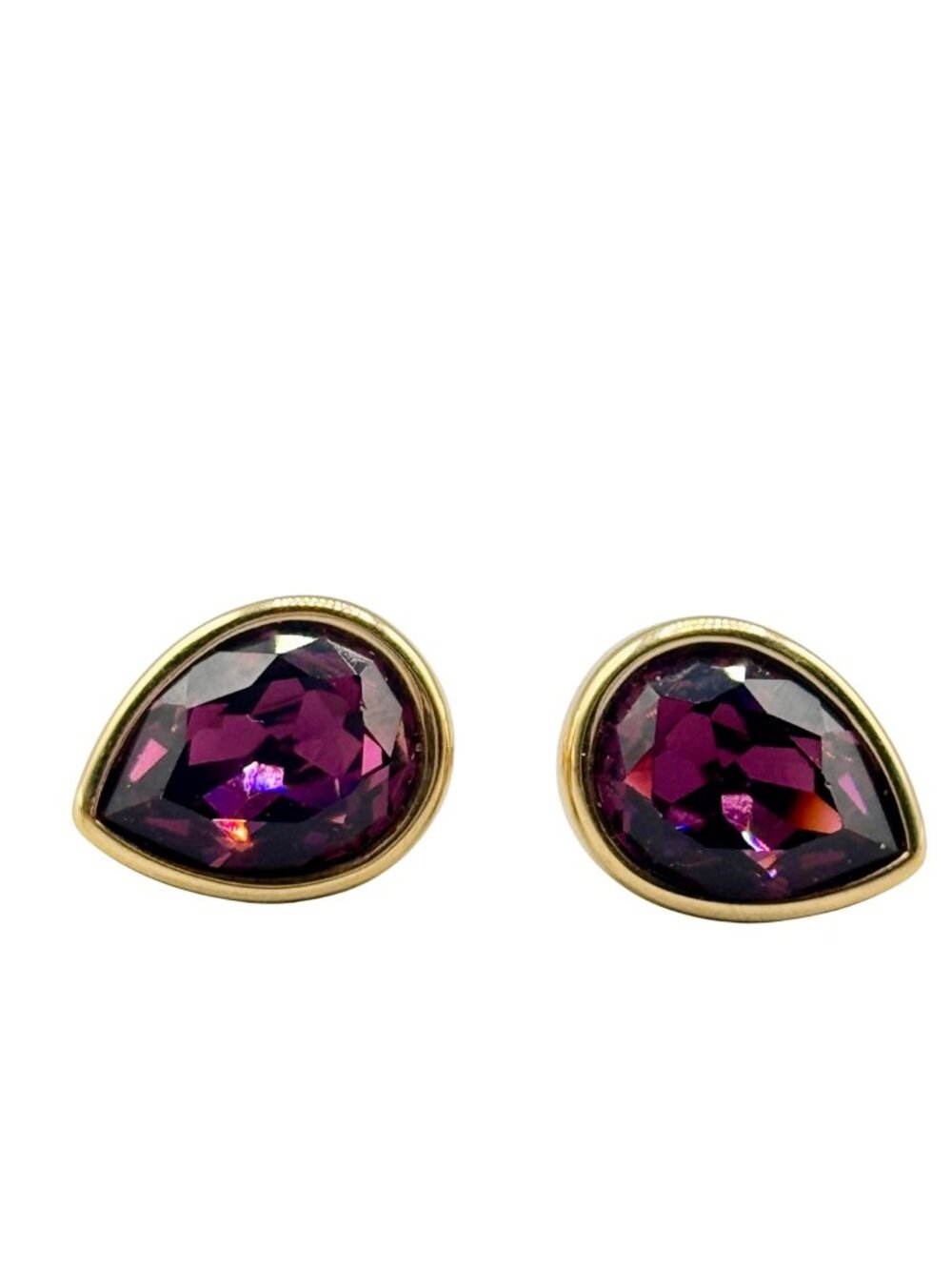 Swarovski S.A.L. Purple Teardrop Earrings Clip On Gold Tone Brilliant Sparkle